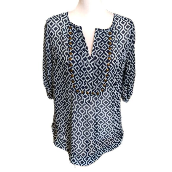 41 Hawthorn (Stitch Fix) geometric navy blue & aqua green pattern, 3/4 sleeves M - Picture 1 of 5